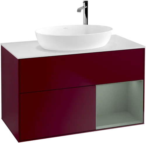 VILLEROY BOCH Toaletní skříňka Finion, s osvětlením, 2 výsuvy, 1000 x 603 x 501 mm, Pivoňka matný lak / Olivový matný lak / Sklo bílé matné #F901GMHB, obrázek 1