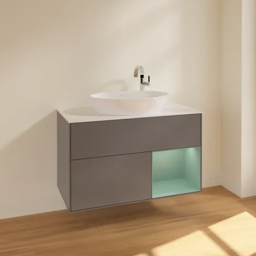 VILLEROY BOCH Toaletní skříňka Finion, s osvětlením, 2 výsuvy, 1000 x 603 x 501 mm, antracitový matný lak / olivový matný lak / bílé matné sklo #F901GMGK, obrázek 2