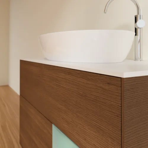 VILLEROY BOCH Toaletní stolek Finion, s osvětlením, 2 výsuvy, 1000 x 603 x 501 mm, ořechová dýha / olivový matný lak / sklo bílé matné #F901GMGN, obrázek 2