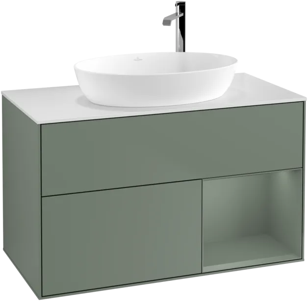 VILLEROY BOCH Toaletní skříňka Finion, s osvětlením, 2 výsuvy, 1000 x 603 x 501 mm, olivově matný lak / olivově matný lak / sklo bílé matné #F901GMGM