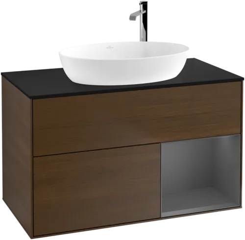 VILLEROY BOCH Toaletní stolek Finion, s osvětlením, 2 výsuvy, 1000 x 603 x 501 mm, ořechová dýha / antracitový matný lak / černé matné sklo #F902GKGN, obrázek 1