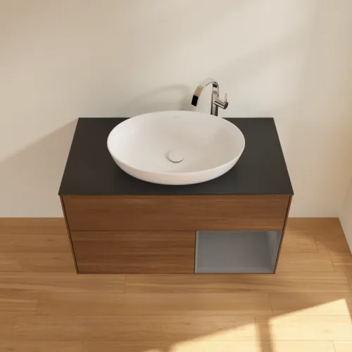 VILLEROY BOCH Toaletní stolek Finion, s osvětlením, 2 výsuvy, 1000 x 603 x 501 mm, ořechová dýha / antracitový matný lak / černé matné sklo #F902GKGN, obrázek 2