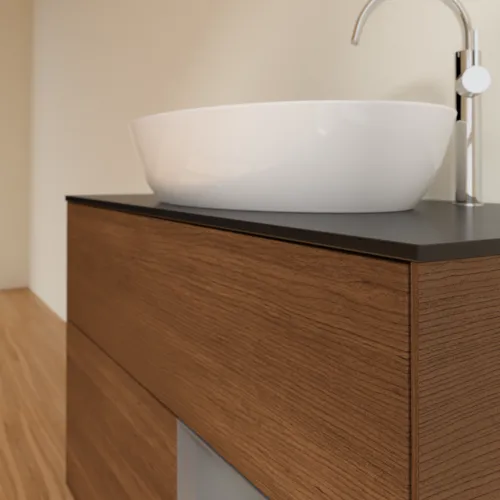 VILLEROY BOCH Toaletní stolek Finion, s osvětlením, 2 výsuvy, 1000 x 603 x 501 mm, ořechová dýha / antracitový matný lak / černé matné sklo #F902GKGN, obrázek 3