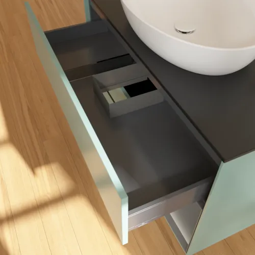 VILLEROY BOCH Toaletní skříňka Finion, s osvětlením, 2 výsuvy, 1000 x 603 x 501 mm, olivový matný lak / antracitový matný lak / černé matné sklo #F902GKGM, obrázek 3