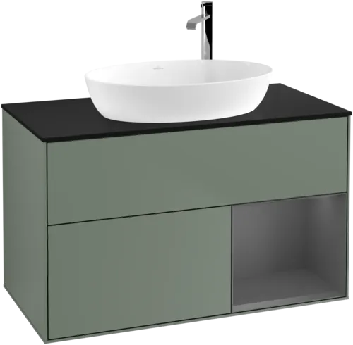 VILLEROY BOCH Toaletní skříňka Finion, s osvětlením, 2 výsuvy, 1000 x 603 x 501 mm, olivový matný lak / antracitový matný lak / černé matné sklo #F902GKGM, obrázek 1