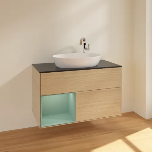 VILLEROY BOCH Toaletní skříňka Finion, s osvětlením, 2 výsuvy, 1000 x 603 x 501 mm, dubová dýha / olivově matný lak / sklo černé matné #F892GMPC, obrázek 2