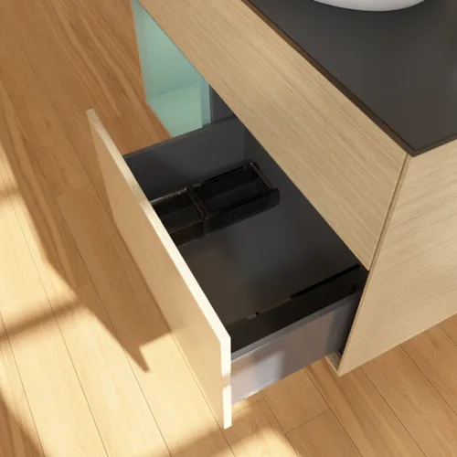 VILLEROY BOCH Toaletní skříňka Finion, s osvětlením, 2 výsuvy, 1000 x 603 x 501 mm, dubová dýha / olivově matný lak / sklo černé matné #F892GMPC, obrázek 7
