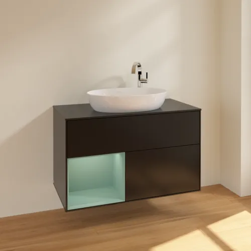 VILLEROY BOCH Toaletní skříňka Finion, s osvětlením, 2 výsuvy, 1000 x 603 x 501 mm, černý matný lak / olivový matný lak / černé matné sklo #F892GMPD, obrázek 2