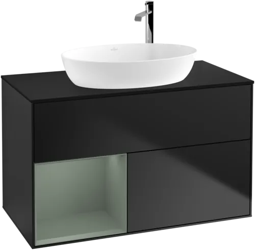 VILLEROY BOCH Toaletní skříňka Finion, s osvětlením, 2 výsuvy, 1000 x 603 x 501 mm, černý matný lak / olivový matný lak / černé matné sklo #F892GMPD, obrázek 1