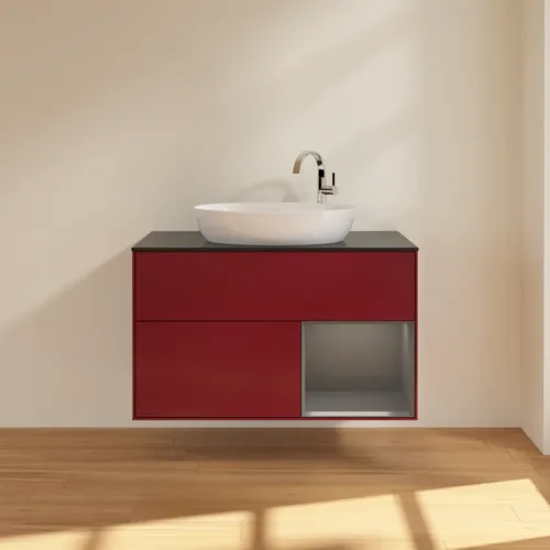 VILLEROY BOCH Toaletní skříňka Finion, s osvětlením, 2 výsuvy, 1000 x 603 x 501 mm, Pivoňka matný lak / Antracit matný lak / Sklo černé matné #F902GKHB, obrázek 3