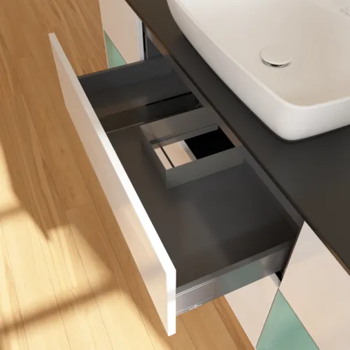 VILLEROY BOCH Toaletní skříňka Finion, s osvětlením, 4 výsuvy, 1600 x 603 x 501 mm, lesklý bílý lak / olivově matný lak / černé matné sklo #F862GMGF, obrázek 8