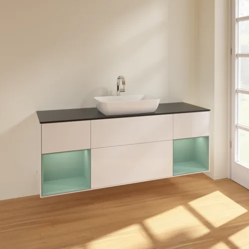 VILLEROY BOCH Toaletní skříňka Finion, s osvětlením, 4 výsuvy, 1600 x 603 x 501 mm, lesklý bílý lak / olivově matný lak / černé matné sklo #F862GMGF, obrázek 2