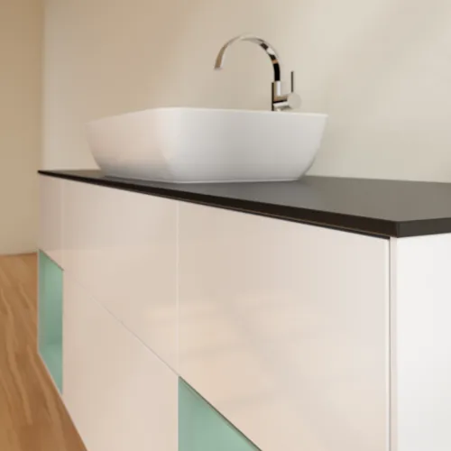 VILLEROY BOCH Toaletní skříňka Finion, s osvětlením, 4 výsuvy, 1600 x 603 x 501 mm, lesklý bílý lak / olivově matný lak / černé matné sklo #F862GMGF, obrázek 6