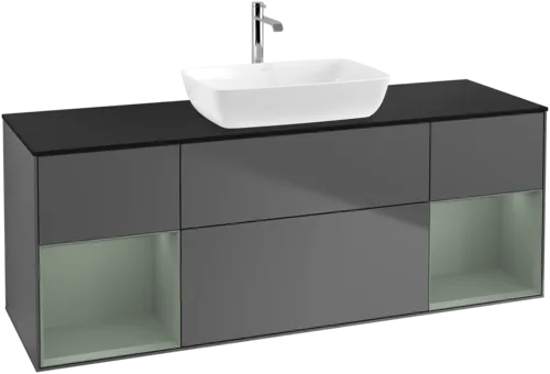 VILLEROY BOCH Toaletní skříňka Finion, s osvětlením, 4 výsuvy, 1600 x 603 x 501 mm, antracitový matný lak / olivový matný lak / černé matné sklo #F862GMGK, obrázek 1