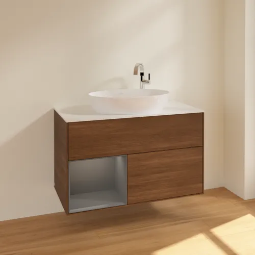 VILLEROY BOCH Toaletní skříňka Finion, s osvětlením, 2 výsuvy, 1000 x 603 x 501 mm, ořechová dýha / antracitový matný lak / bílé matné sklo #F891GKGN, obrázek 2