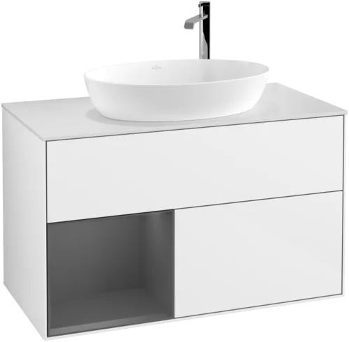 VILLEROY BOCH Umyvadlová skříňka Finion, s osvětlením, 2 výsuvy, 1000 x 603 x 501 mm, lesklý bílý lak / antracitový matný lak / bílé matné sklo #F891GKGF, obrázek 1