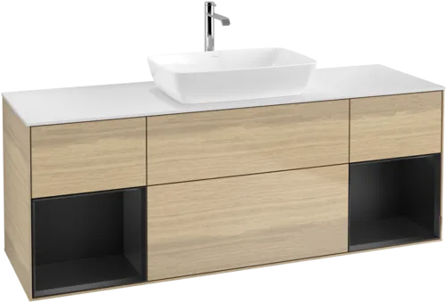 VILLEROY BOCH Toaletní skříňka Finion, s osvětlením, 4 výsuvy, 1600 x 603 x 501 mm, dubová dýha / černý matný lak / bílé matné sklo #F861PDPC, obrázek 1