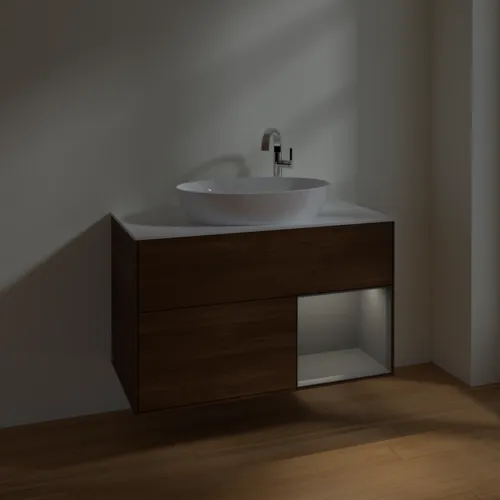 VILLEROY BOCH Toaletní skříňka Finion, s osvětlením, 2 výsuvy, 1000 x 603 x 501 mm, ořechová dýha / antracitový matný lak / bílé matné sklo #F901GKGN, obrázek 5