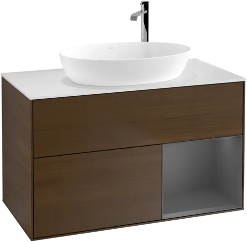 VILLEROY BOCH Toaletní skříňka Finion, s osvětlením, 2 výsuvy, 1000 x 603 x 501 mm, ořechová dýha / antracitový matný lak / bílé matné sklo #F901GKGN, obrázek 1