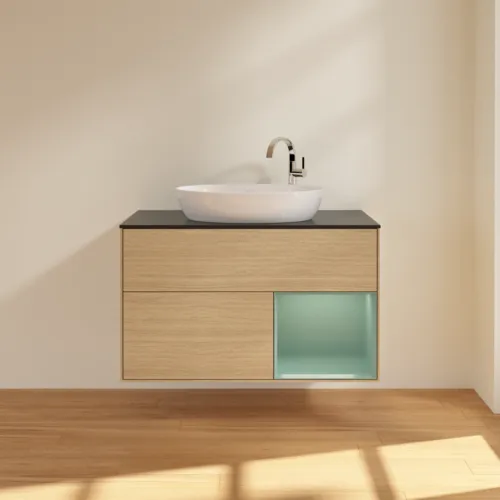 VILLEROY BOCH Toaletní skříňka Finion, s osvětlením, 2 výsuvy, 1000 x 603 x 501 mm, dubová dýha / olivově matný lak / sklo černé matné #F902GMPC, obrázek 3