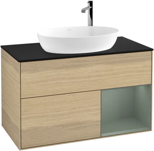 VILLEROY BOCH Toaletní skříňka Finion, s osvětlením, 2 výsuvy, 1000 x 603 x 501 mm, dubová dýha / olivově matný lak / sklo černé matné #F902GMPC, obrázek 1