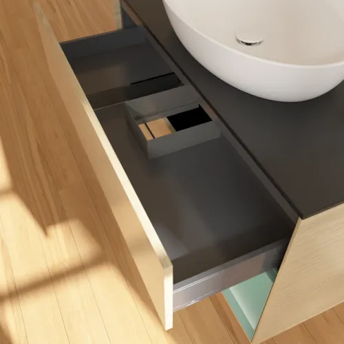 VILLEROY BOCH Toaletní skříňka Finion, s osvětlením, 2 výsuvy, 1000 x 603 x 501 mm, dubová dýha / olivově matný lak / sklo černé matné #F902GMPC, obrázek 8