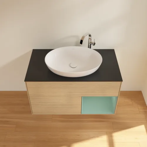 VILLEROY BOCH Toaletní skříňka Finion, s osvětlením, 2 výsuvy, 1000 x 603 x 501 mm, dubová dýha / olivově matný lak / sklo černé matné #F902GMPC, obrázek 4