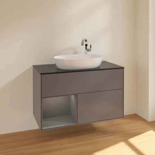 VILLEROY BOCH Toaletní skříňka Finion, s osvětlením, 2 výsuvy, 1000 x 603 x 501 mm, antracit matný lak / antracit matný lak / sklo černé matné #F892GKGK, obrázek 2