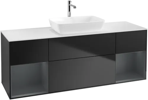 VILLEROY BOCH Toaletní skříňka Finion, s osvětlením, 4 výsuvy, 1600 x 603 x 501 mm, černý matný lak / půlnoční modrý matný lak / bílé matné sklo #F861HGPD, obrázek 1
