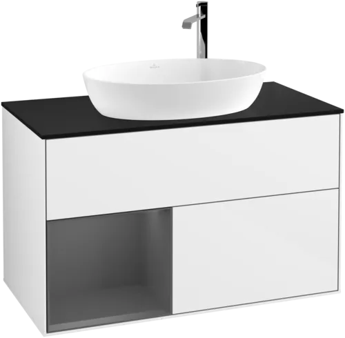 VILLEROY BOCH Toaletní skříňka Finion, s osvětlením, 2 výsuvy, 1000 x 603 x 501 mm, lesklý bílý lak / antracitový matný lak / černé matné sklo #F892GKGF, obrázek 1