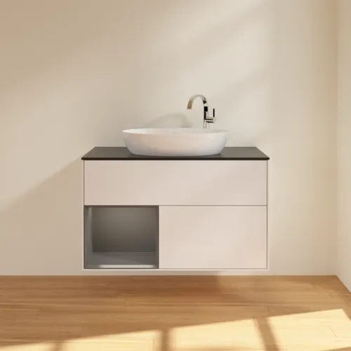 VILLEROY BOCH Toaletní skříňka Finion, s osvětlením, 2 výsuvy, 1000 x 603 x 501 mm, lesklý bílý lak / antracitový matný lak / černé matné sklo #F892GKGF, obrázek 3