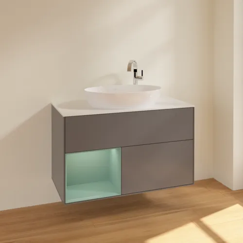 VILLEROY BOCH Toaletní skříňka Finion, s osvětlením, 2 výsuvy, 1000 x 603 x 501 mm, antracitový matný lak / olivový matný lak / bílé matné sklo #F891GMGK, obrázek 2