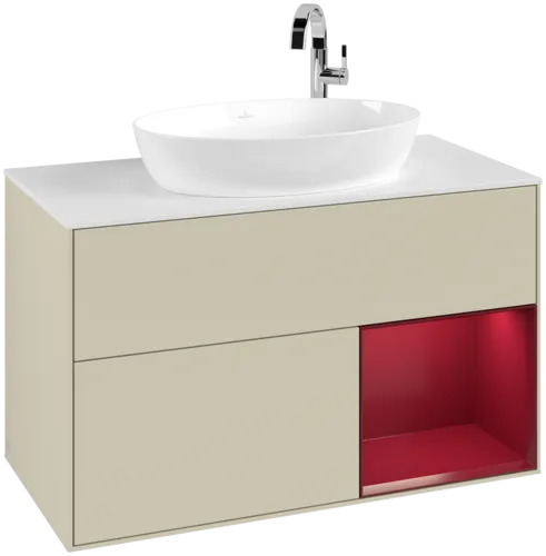 VILLEROY BOCH Toaletní skříňka Finion, s osvětlením, 2 výsuvy, 1000 x 603 x 501 mm, Silk Grey Matt Lacquer / Peony Matt Lacquer / Glass White Matt #F901HBHJ