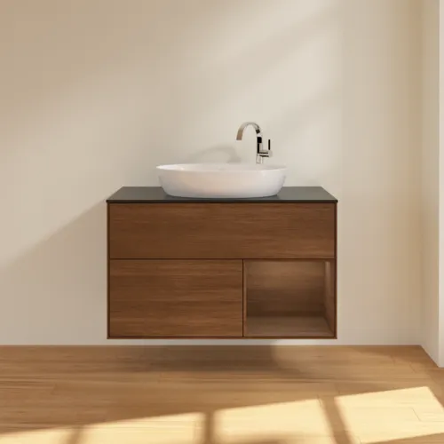 VILLEROY BOCH Toaletní stolek Finion, s osvětlením, 2 výsuvy, 1000 x 603 x 501 mm, ořechová dýha / ořechová dýha / sklo černé matné #F902GNGN, obrázek 3