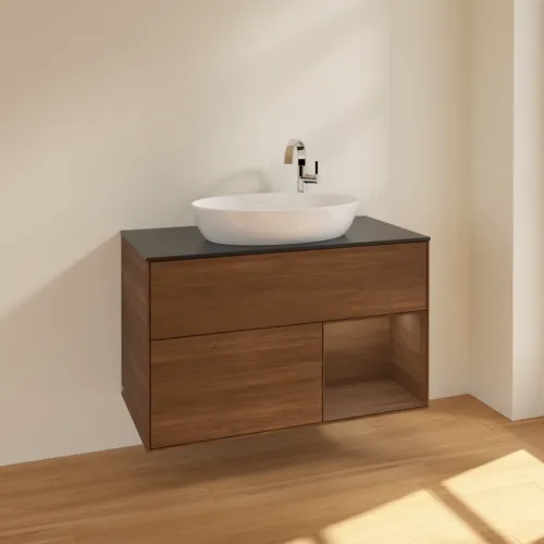 VILLEROY BOCH Toaletní stolek Finion, s osvětlením, 2 výsuvy, 1000 x 603 x 501 mm, ořechová dýha / ořechová dýha / sklo černé matné #F902GNGN, obrázek 2
