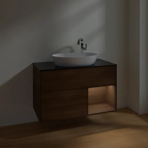 VILLEROY BOCH Toaletní stolek Finion, s osvětlením, 2 výsuvy, 1000 x 603 x 501 mm, ořechová dýha / ořechová dýha / sklo černé matné #F902GNGN, obrázek 5