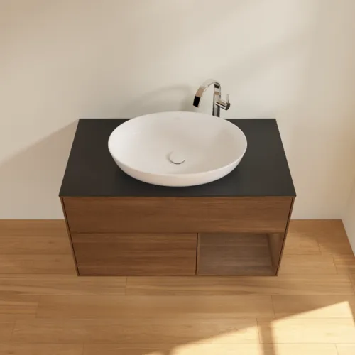 VILLEROY BOCH Toaletní stolek Finion, s osvětlením, 2 výsuvy, 1000 x 603 x 501 mm, ořechová dýha / ořechová dýha / sklo černé matné #F902GNGN, obrázek 4