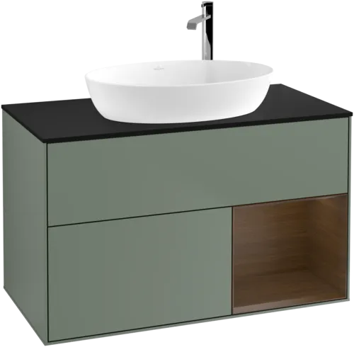 VILLEROY BOCH Toaletní skříňka Finion, s osvětlením, 2 výsuvy, 1000 x 603 x 501 mm, olivový matný lak / ořechová dýha / černé matné sklo #F902GNGM