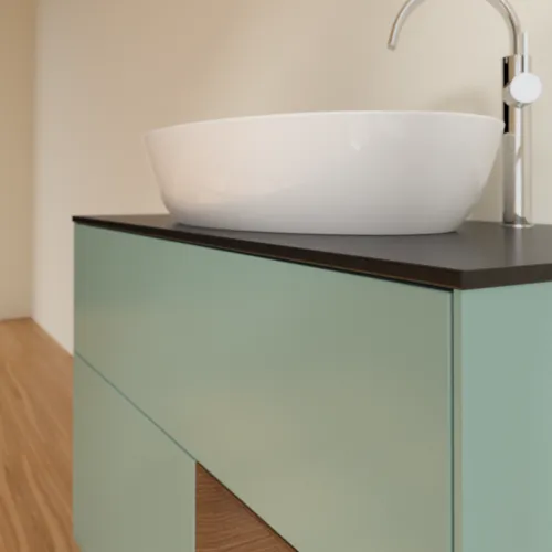 VILLEROY BOCH Toaletní skříňka Finion, s osvětlením, 2 výsuvy, 1000 x 603 x 501 mm, olivový matný lak / ořechová dýha / černé matné sklo #F902GNGM, obrázek 3