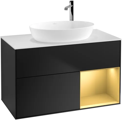 VILLEROY BOCH Toaletní skříňka Finion, s osvětlením, 2 výsuvy, 1000 x 603 x 501 mm, černý matný lak / zlatý matný lak / bílé matné sklo #F901HFPD, obrázek 1