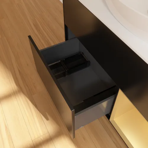 VILLEROY BOCH Toaletní skříňka Finion, s osvětlením, 2 výsuvy, 1000 x 603 x 501 mm, černý matný lak / zlatý matný lak / bílé matné sklo #F901HFPD, obrázek 7