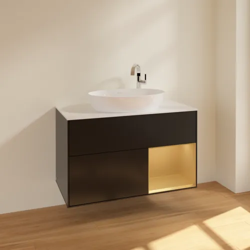 VILLEROY BOCH Toaletní skříňka Finion, s osvětlením, 2 výsuvy, 1000 x 603 x 501 mm, černý matný lak / zlatý matný lak / bílé matné sklo #F901HFPD, obrázek 2