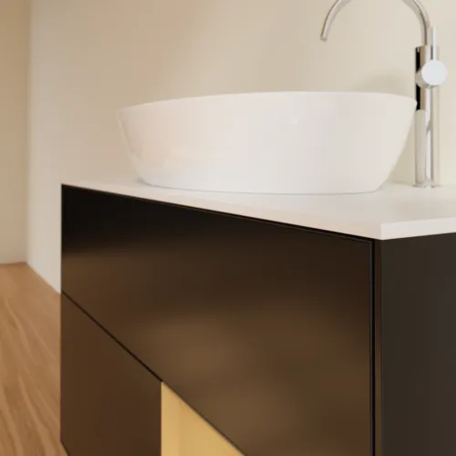 VILLEROY BOCH Toaletní skříňka Finion, s osvětlením, 2 výsuvy, 1000 x 603 x 501 mm, černý matný lak / zlatý matný lak / bílé matné sklo #F901HFPD, obrázek 6