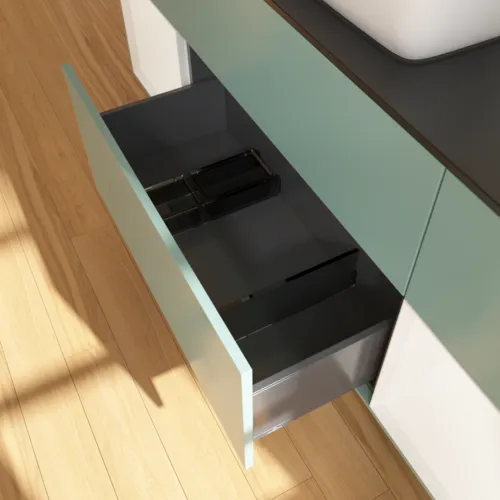 VILLEROY BOCH Toaletní skříňka Finion, s osvětlením, 4 výsuvy, 1600 x 603 x 501 mm, olivový matný lak / bílý matný lak / černé matné sklo #F862MTGM, obrázek 7