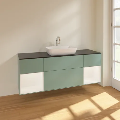 VILLEROY BOCH Toaletní skříňka Finion, s osvětlením, 4 výsuvy, 1600 x 603 x 501 mm, olivový matný lak / bílý matný lak / černé matné sklo #F862MTGM, obrázek 2