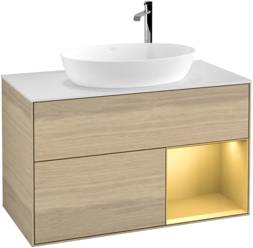 VILLEROY BOCH Toaletní stolek Finion, s osvětlením, 2 výsuvy, 1000 x 603 x 501 mm, dubová dýha / zlatý matný lak / sklo bílé matné #F901HFPC, obrázek 1