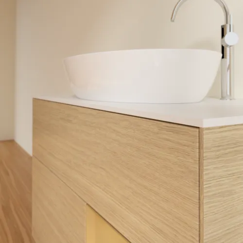 VILLEROY BOCH Toaletní stolek Finion, s osvětlením, 2 výsuvy, 1000 x 603 x 501 mm, dubová dýha / zlatý matný lak / sklo bílé matné #F901HFPC, obrázek 6