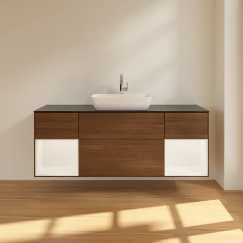 VILLEROY BOCH Toaletní skříňka Finion, s osvětlením, 4 výsuvy, 1600 x 603 x 501 mm, ořechová dýha / bílý matný lak / černé matné sklo #F862MTGN, obrázek 3