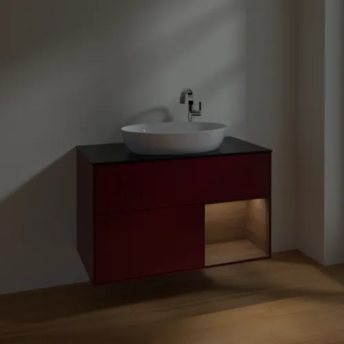 VILLEROY BOCH Toaletní stolek Finion, s osvětlením, 2 výsuvy, 1000 x 603 x 501 mm, matný lak Peony / ořechová dýha / černé matné sklo #F902GNHB, obrázek 4