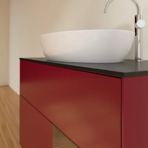 VILLEROY BOCH Toaletní stolek Finion, s osvětlením, 2 výsuvy, 1000 x 603 x 501 mm, matný lak Peony / ořechová dýha / černé matné sklo #F902GNHB, obrázek 5